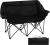 Double camping chair in black with cup holders, padded seat, and mesh pockets, ideal for outdoor relaxation.