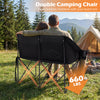 Double camping chair in black with cup holders, designed for 2 people, perfect for outdoor relaxation and stability.