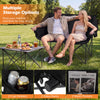 Double camping chair in black with cup holders, glass racks, and mesh pockets, ideal for outdoor relaxation.