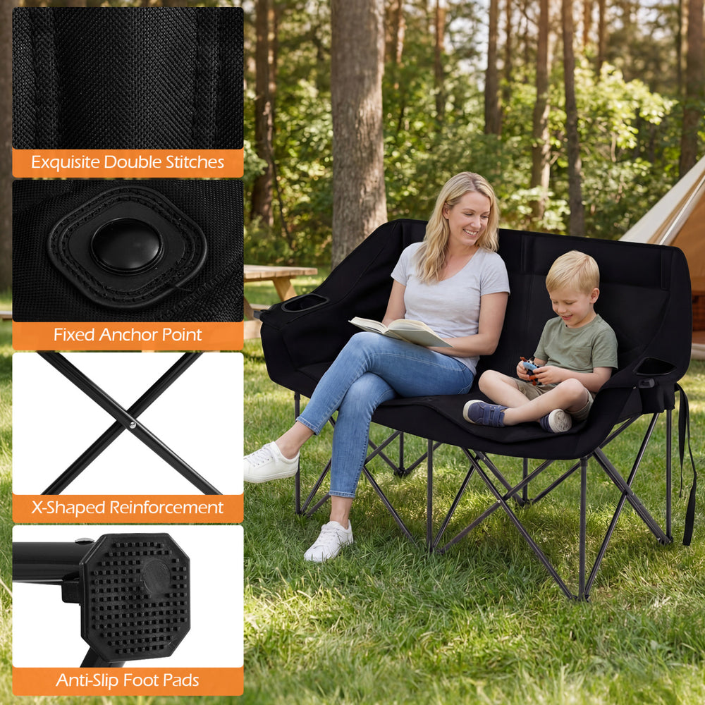 Double camping chair in black with cup holders, padded seat, and mesh pockets, ideal for outdoor outings and relaxation.