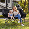 Double camping chair in black, featuring cup holders and mesh pockets, perfect for outdoor relaxation with a friend.