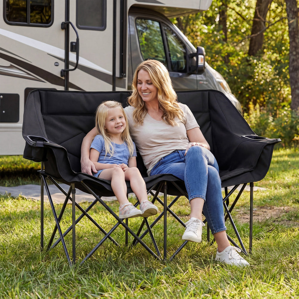 Double Camping Chair with Cup Holders Glass Racks and Mesh Pockets-Black - Gallery View 1 of 10