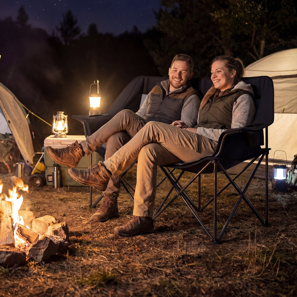 Double camping chair in black with cup holders, mesh pockets, and padded seats, ideal for outdoor relaxation by the.