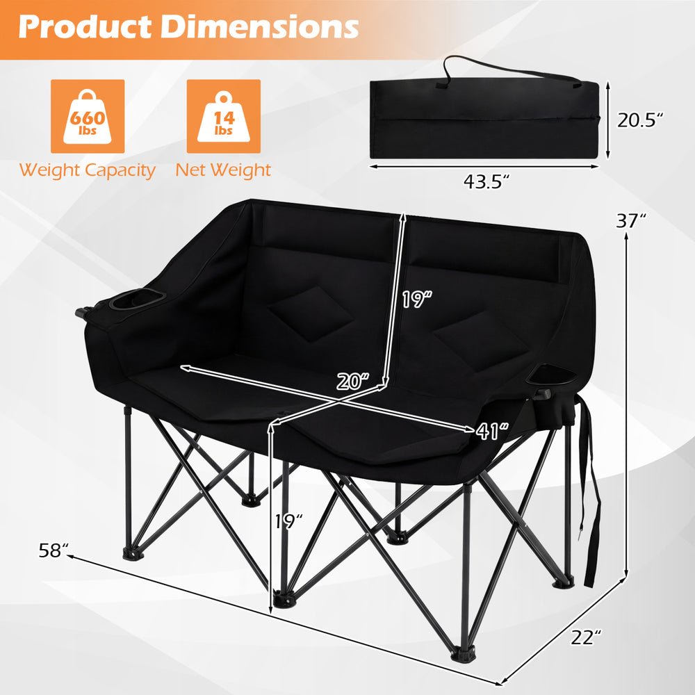 Double camping chair in black with cup holders, mesh pockets, and padded seating, ideal for outdoor relaxation.