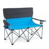 Double camping chair in blue with sturdy metal frame, spacious seat, and cup holders, ideal for outdoor relaxation.