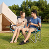 Double camping chair in blue with cup holders, featuring a sturdy frame and comfortable padding, ideal for outdoor.