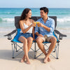 Double camping chair in blue with cup holders, featuring a sturdy frame and soft padding, perfect for beach relaxation.
