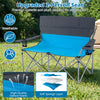 Double camping chair in blue with spacious seat, soft sponge padding, and cup holders for comfortable outdoor.