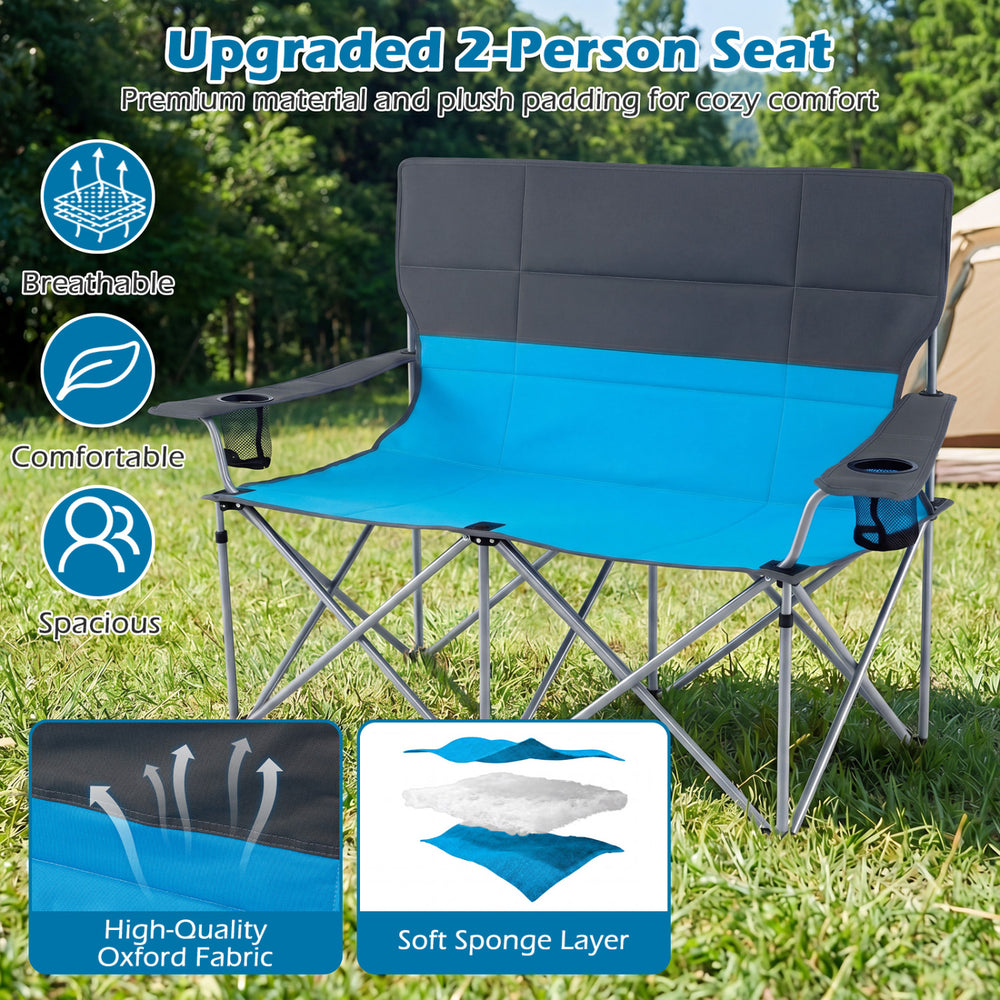 Double camping chair in blue with spacious seat, soft sponge padding, and cup holders for comfortable outdoor.