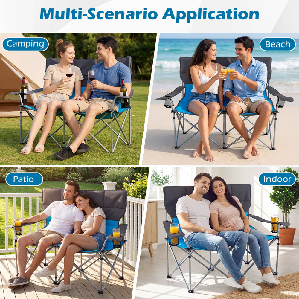 Double camping chair in blue with cup holders, ideal for patio, beach, or indoor use, supporting up to 660 lbs.