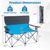 Double camping chair in blue with cup holders, featuring a sturdy frame and compact fold for easy transport.