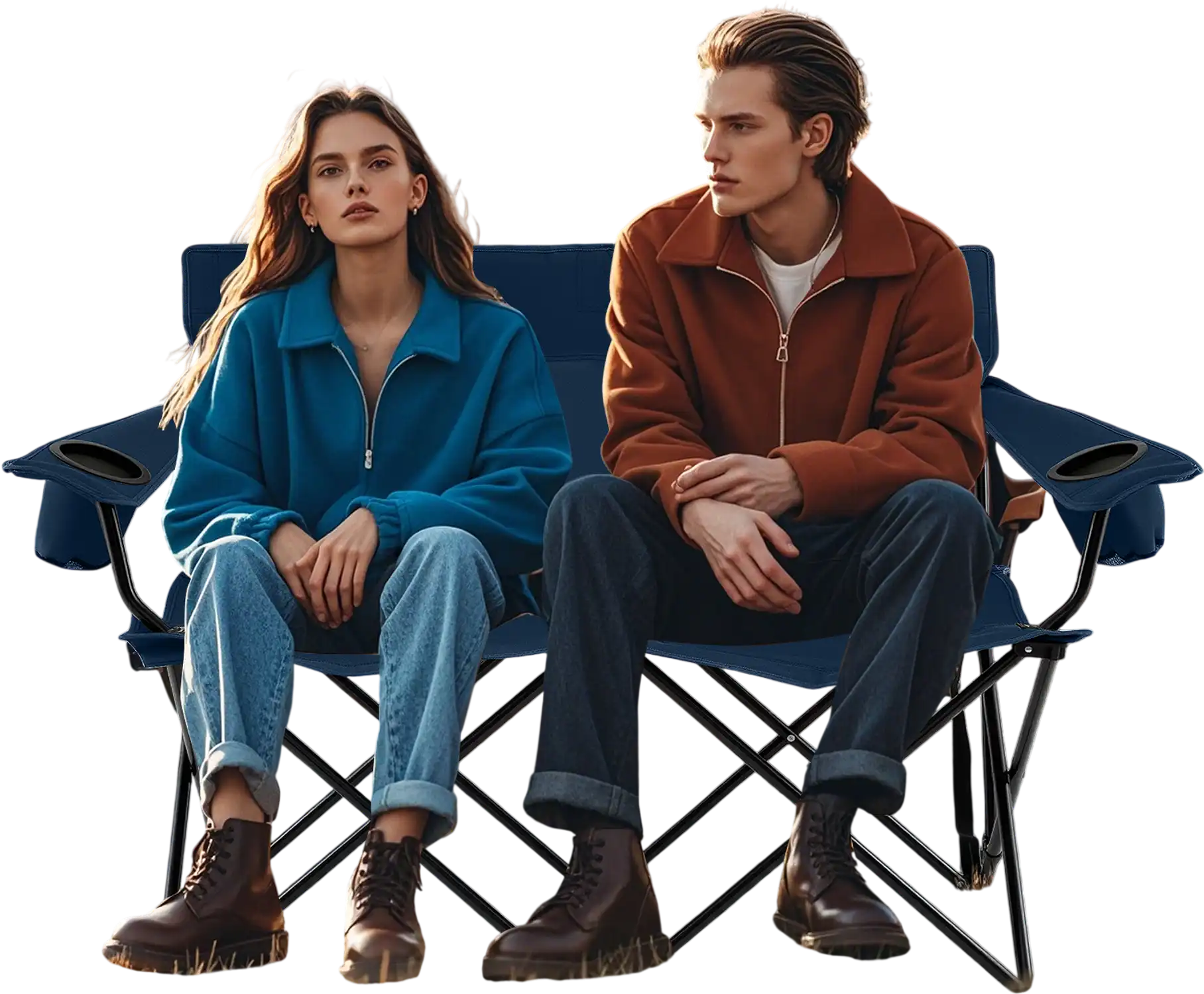 Costway 2-Person Outdoor Folding Camping Loveseat Chair with Cup Holders Blue 527948136 New