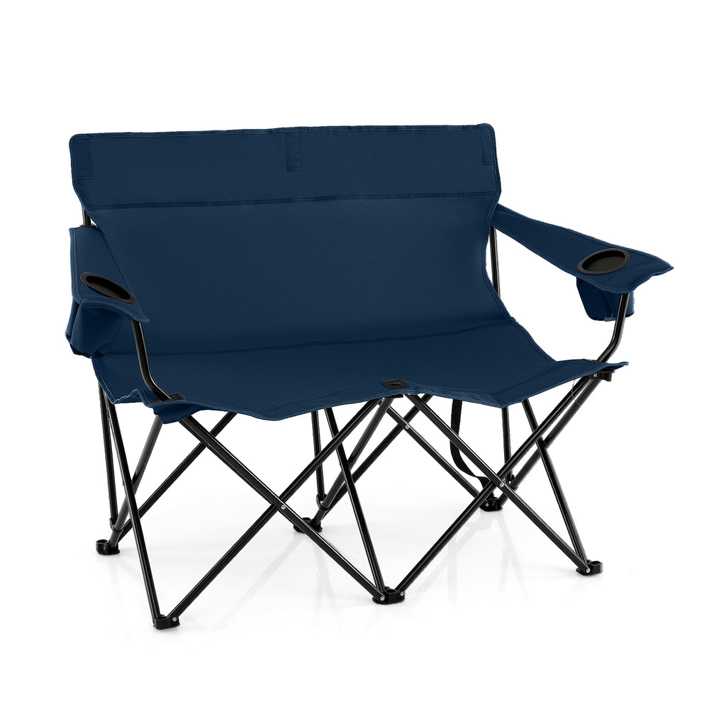 Double camping chair for 2 adults in blue, featuring cup holders and a sturdy metal frame for outdoor relaxation.