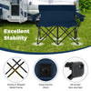 Double camping chair for two adults in blue, featuring a strong metal frame, cup holders, and non-slip feet for.