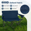 Double camping chair in blue with 600D oxford fabric, cup holders, and strong metal frame for outdoor relaxation.