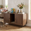 Large double cat litter box enclosure in modern wood design, featuring two rooms and a scratching pad for indoor use.