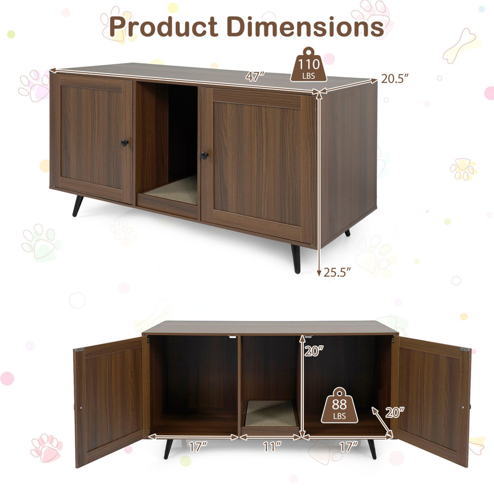 Double cat litter box enclosure with modern wooden design, featuring two rooms and scratching pad for indoor use.