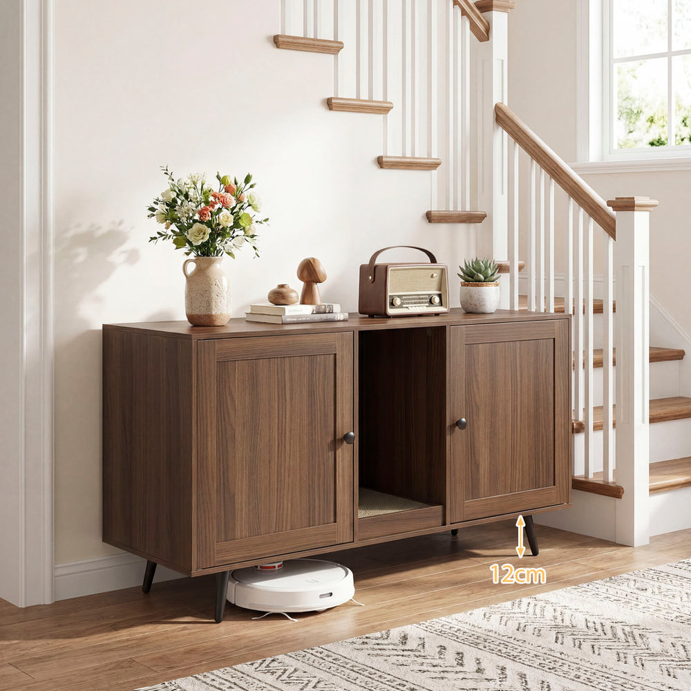 Modern wooden double cat litter box enclosure with two rooms, scratching pad, and raised bottom for easy cleaning.