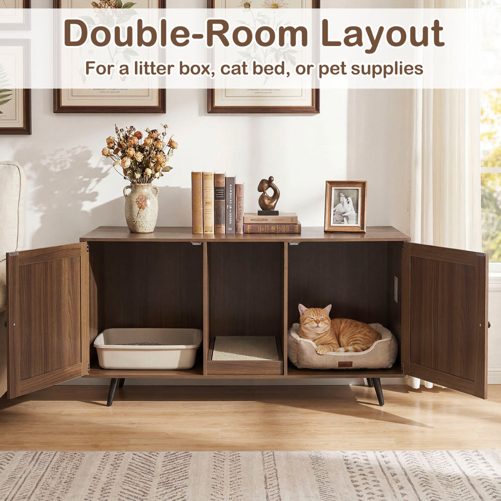 Double Cat Litter Box Enclosure with modern design, double rooms for litter box and cat bed, ideal for indoor living.