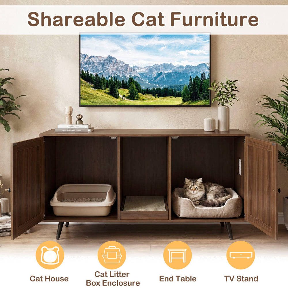 Double cat litter box enclosure with modern wooden design, includes scratching pad, ideal for indoor living room use.