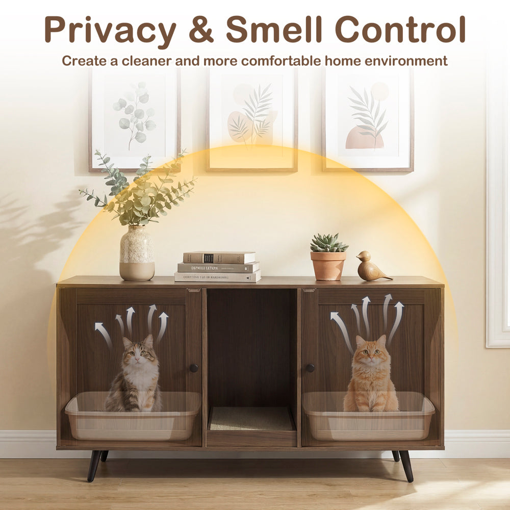 Double cat litter box enclosure with modern wooden design, ideal for privacy and smell control in indoor living spaces.