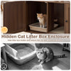 Double cat litter box enclosure with modern wooden design, featuring two rooms and scratching pad for indoor living.