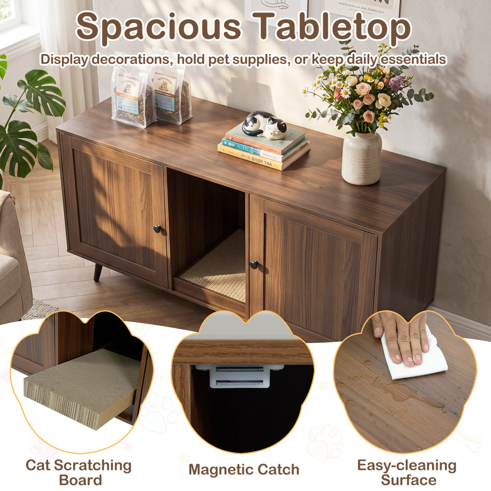 Double cat litter box enclosure with spacious tabletop, modern design, and easy-cleaning surface for indoor use.
