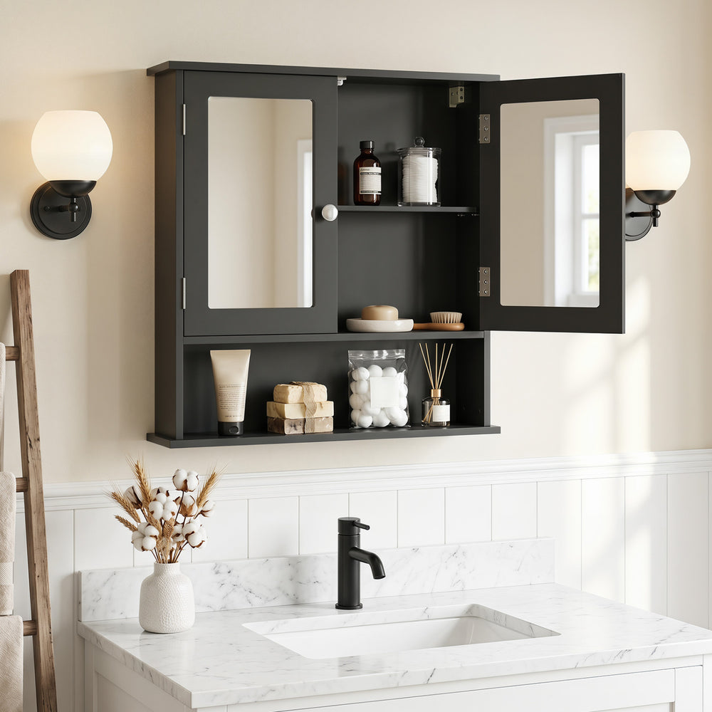 Double Door Wall-Mounted Bathroom Mirror Cabinet with Storage Shelf-Black - Gallery View 1 of 10