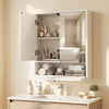 Double door wall-mounted bathroom mirrored medicine cabinet in white, showcasing spacious storage and a sleek, elegant design.