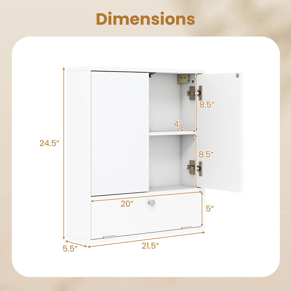Double door wall-mounted bathroom mirrored medicine cabinet in white with adjustable shelves for organized storage.