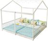 House-shaped double floor bed for twins in white with safety guardrails, ideal for shared sleeping spaces.