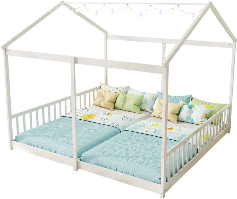 House-shaped double floor bed for twins in white with safety guardrails, ideal for shared sleeping spaces.