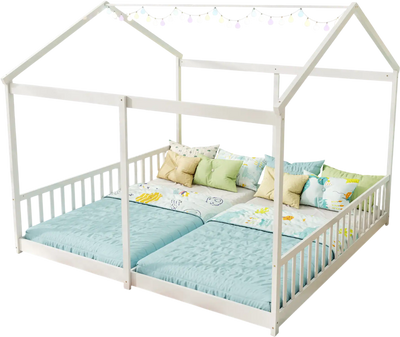 Costway Double Twin Floor House Bed w/ Safety Guardrails White 45613987 New