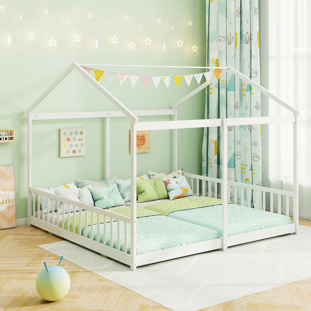 House-shaped double floor bed for twins in white, featuring safety guardrails and a creative DIY design for kids' rooms.