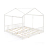 House-shaped double floor bed frame in white for twins, featuring safety guardrails and sturdy plywood slats.
