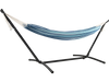 Double hammock set in blue with adjustable height, sturdy stand, and tropical design, perfect for backyard relaxation.