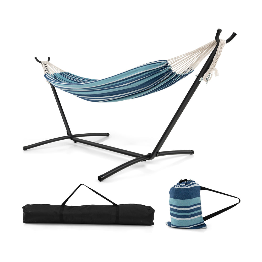 Two-person blue hammock set with stand and carrying cases, featuring adjustable height and durable fabric for outdoor.