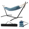 Blue double hammock set with stand, adjustable height, and carrying cases, perfect for outdoor relaxation and camping.