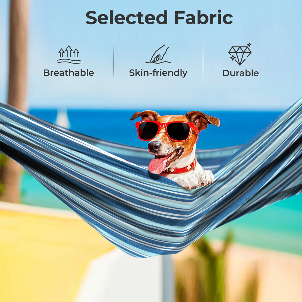 Double hammock set in blue with a dog wearing sunglasses, showcasing breathable and durable fabric for outdoor.