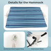 Close-up of the blue striped hammock showing reinforced metal support ring and hand-woven ropes for durability.