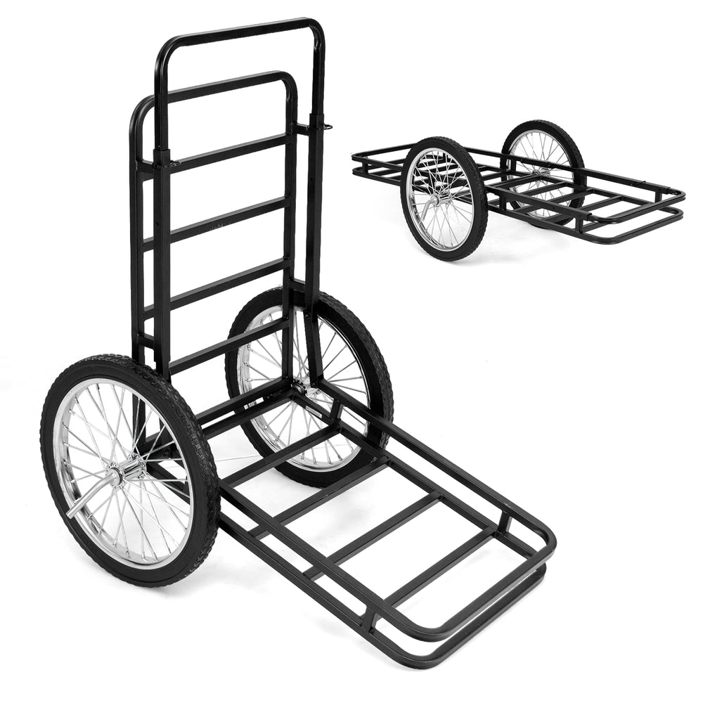 Double-layer deer cart with 20-inch rubber wheels, shown flat for easy loading, features a sturdy frame for heavy-duty.