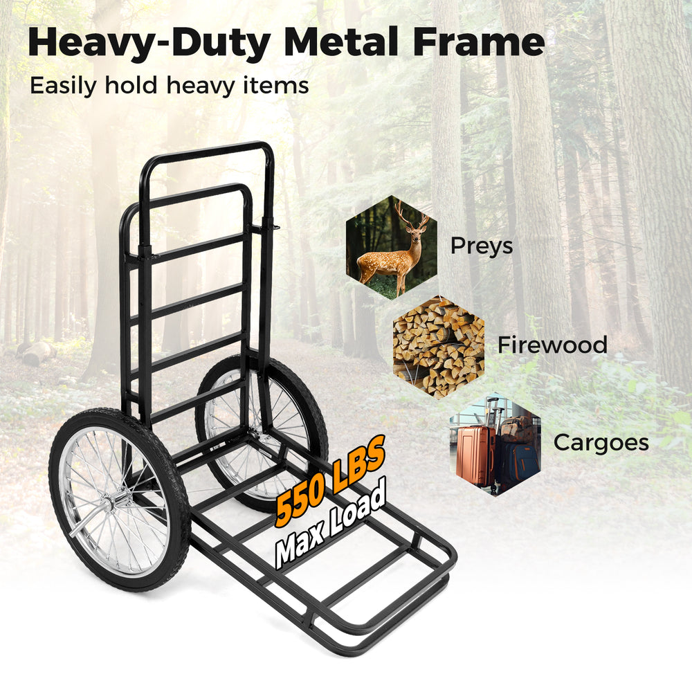 Double-layer deer cart with heavy-duty metal frame and 20-inch rubber wheels, supports up to 550 lbs for versatile.