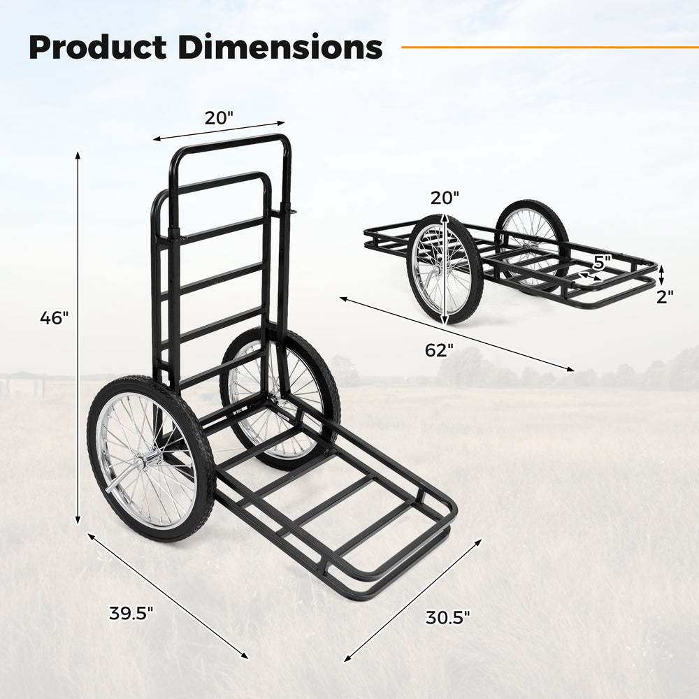Double-layer deer cart with 20-inch rubber wheels, featuring a robust metal frame and dimensions for versatile use.