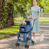 Double pet stroller in blue with detachable carriers, featuring breathable mesh and 360° rotatable wheels for easy.