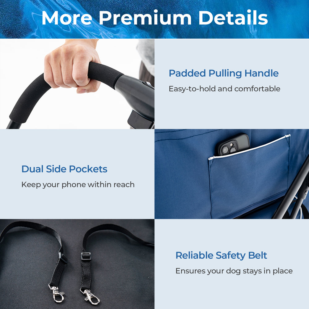 Padded pulling handle and dual side pockets on the blue double pet stroller for convenient travel and easy access.