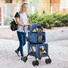 Blue double pet stroller with removable bed and safety belt, providing a secure and comfortable travel solution for.