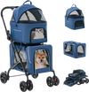 Double pet stroller in blue with two detachable carriers, featuring breathable mesh and foldable design for easy.