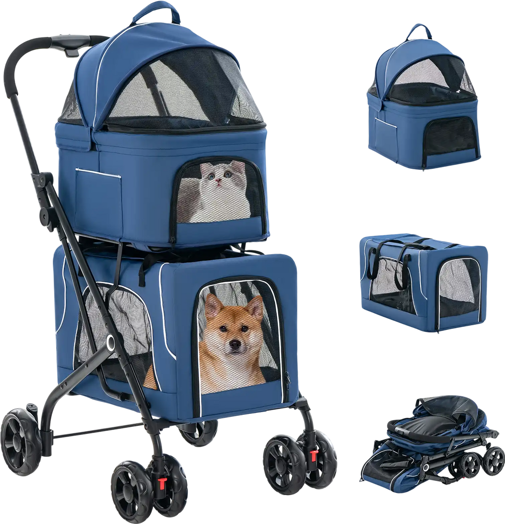 Double pet stroller in blue with two detachable carriers, featuring breathable mesh and foldable design for easy.