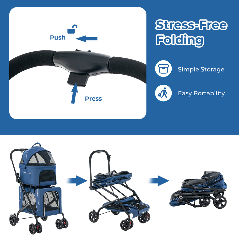 Foldable 3-in-1 blue dog stroller with detachable carriers, featuring stress-free folding for easy storage and.