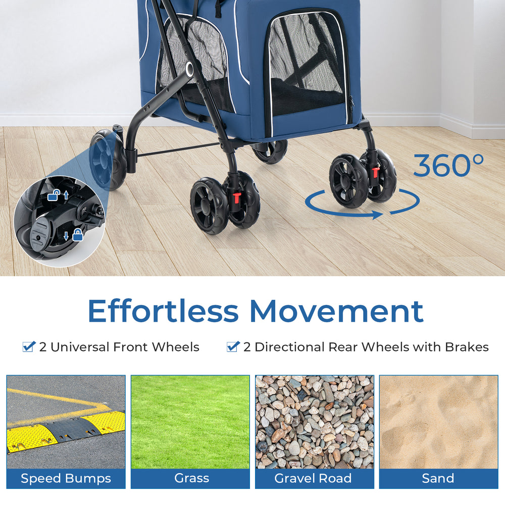 Double pet stroller with 360° rotatable front wheels and sturdy frame, ideal for effortless movement on various.